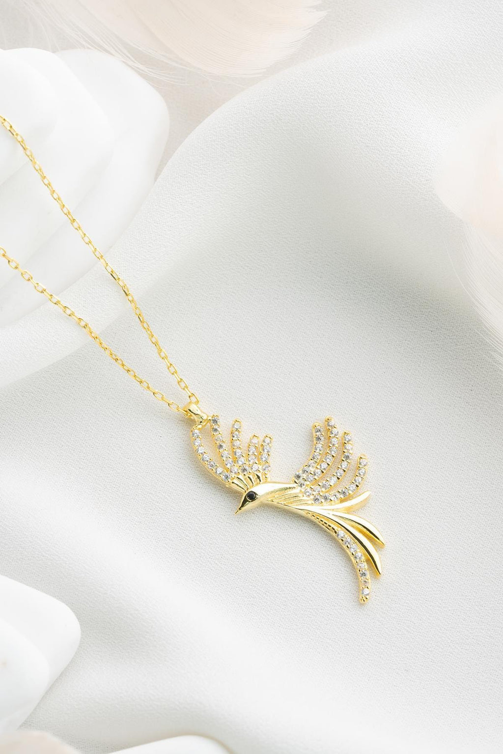 Sterling Silver Phoenix Necklace | Gold Bird Pendant | Zircon Jewelry | Gift for Her