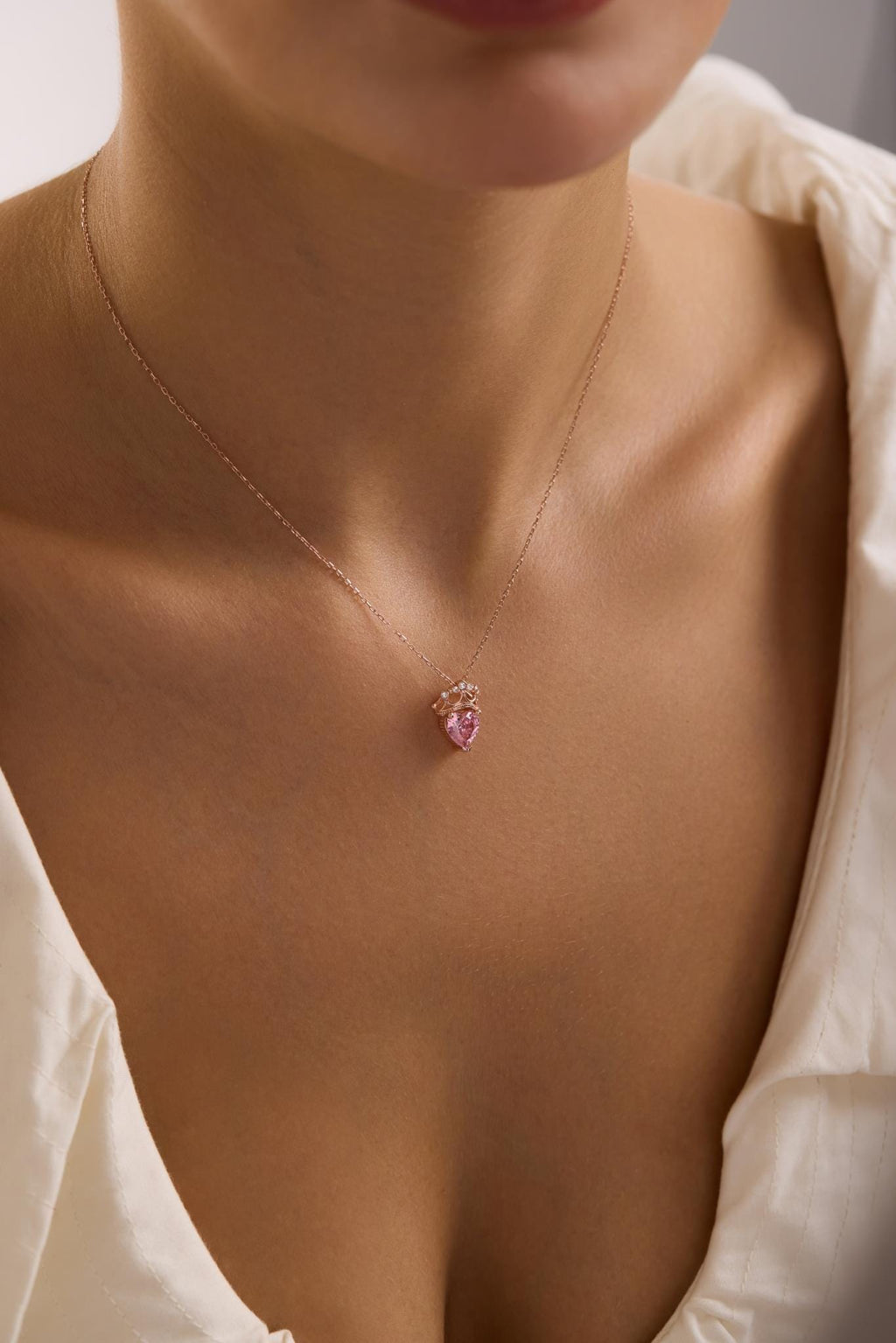 Sterling Silver Crown Necklace | Pink Heart Pendant | Rose Gold Jewelry | Gift for Her