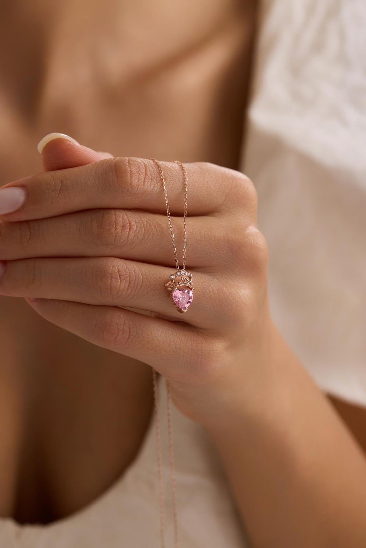 Sterling Silver Crown Necklace | Pink Heart Pendant | Rose Gold Jewelry | Gift for Her
