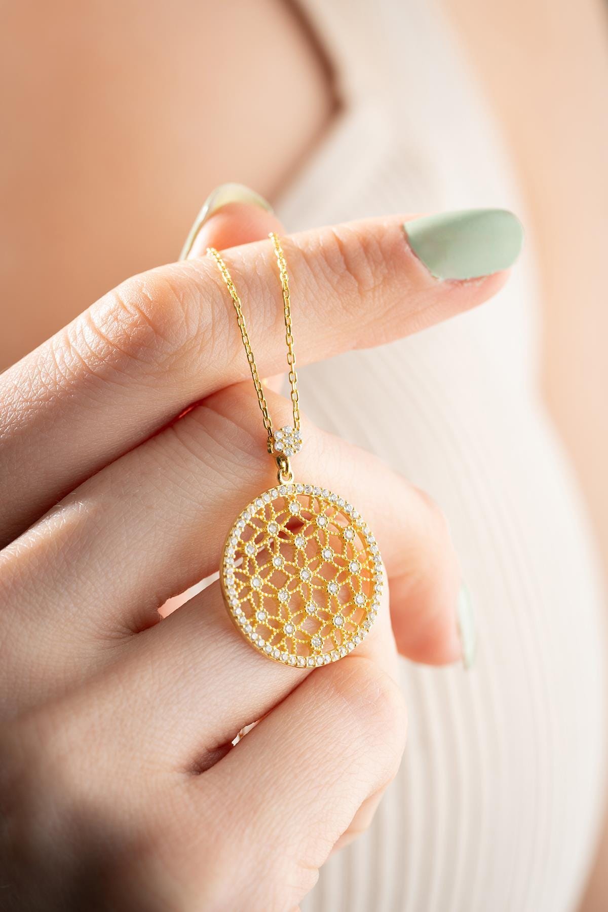 Flower of Life Necklace | Gold Plated Silver Zircon Pendant | Spiritual Jewelry Gift