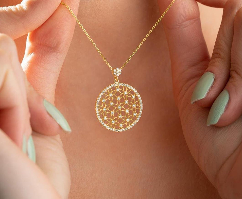 Flower of Life Necklace | Gold Plated Silver Zircon Pendant | Spiritual Jewelry Gift