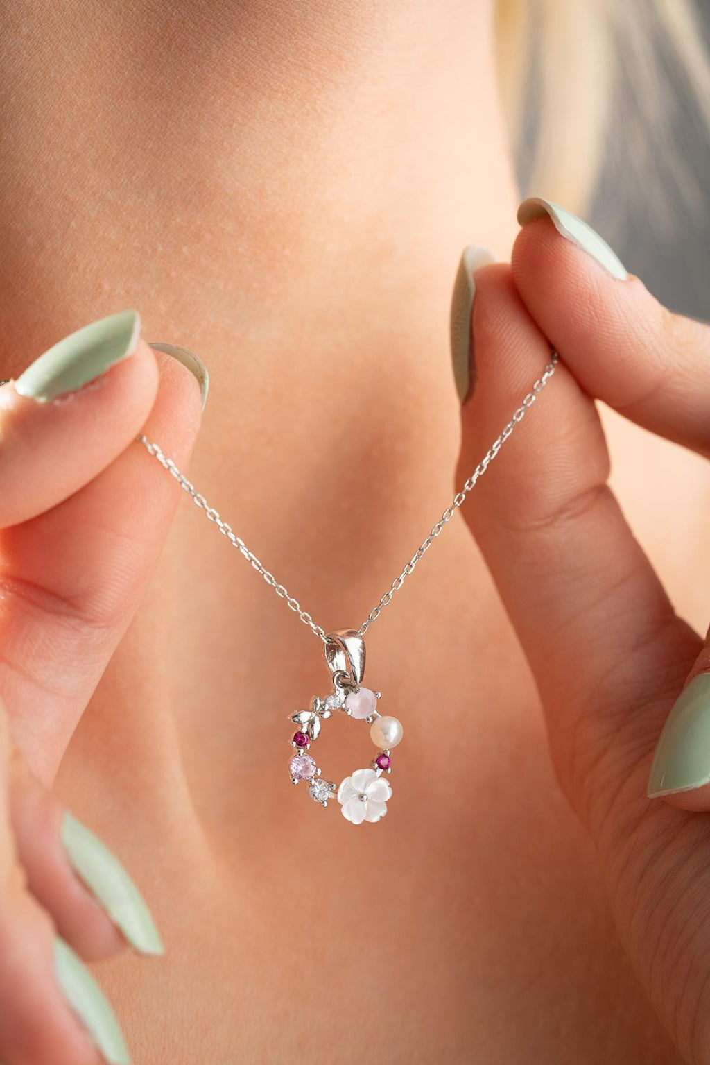 Magnolia Flower Necklace | Silver Floral Pendant | Zircon Dainty Necklace Gift for Her