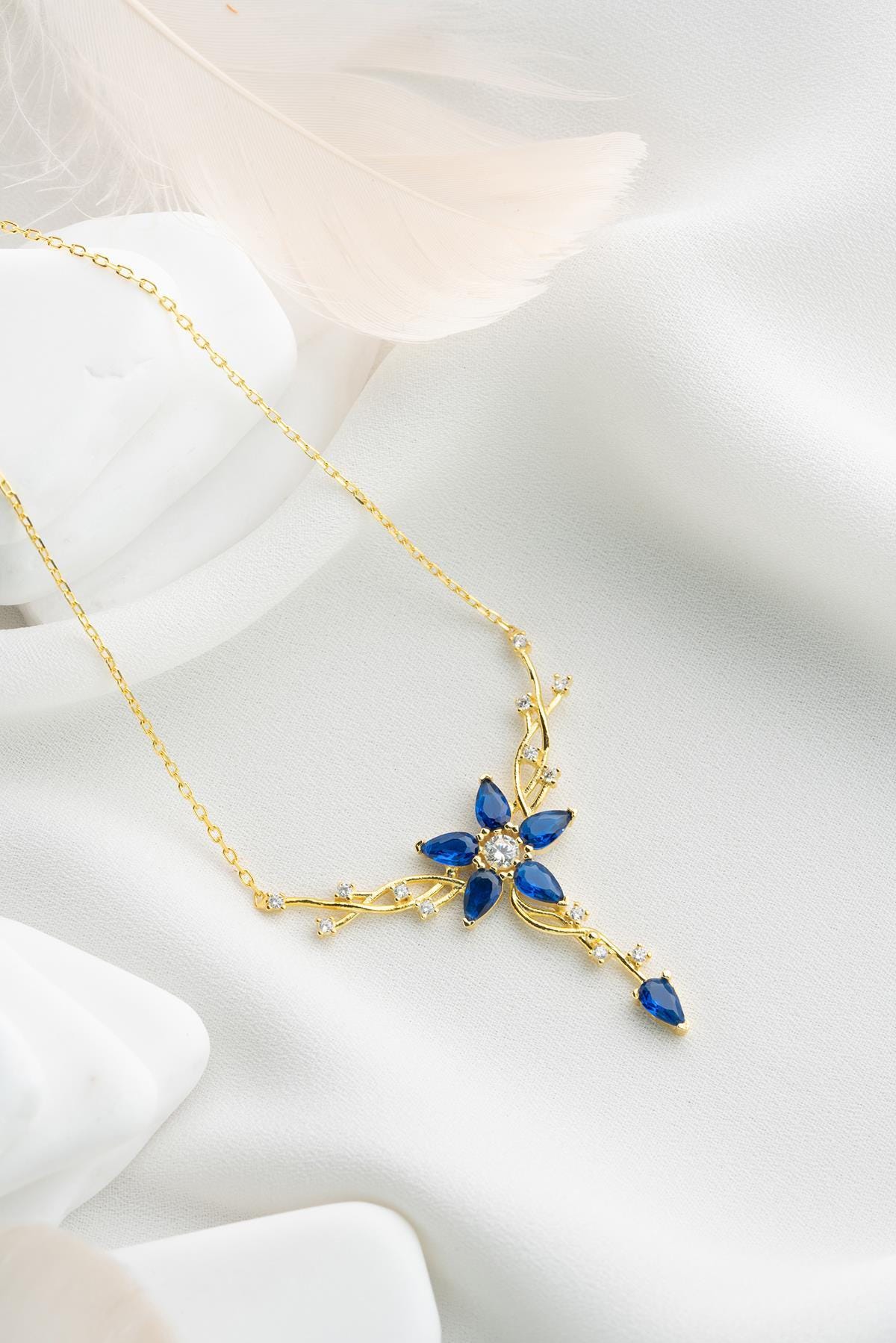 Blue Zircon Star Necklace | Gold Plated Silver Celestial Pendant | Dainty Jewelry Gift