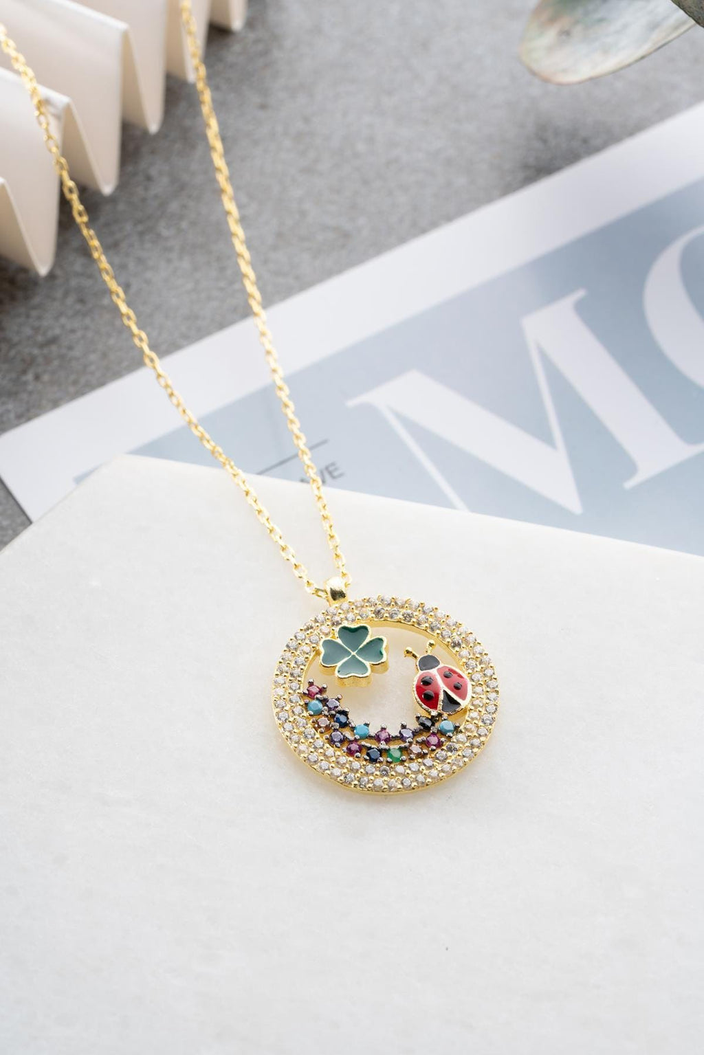 Four Leaf Clover Necklace Silver 925 | Lucky Charm Jewelry | Gold Plated Ladybug Pendant