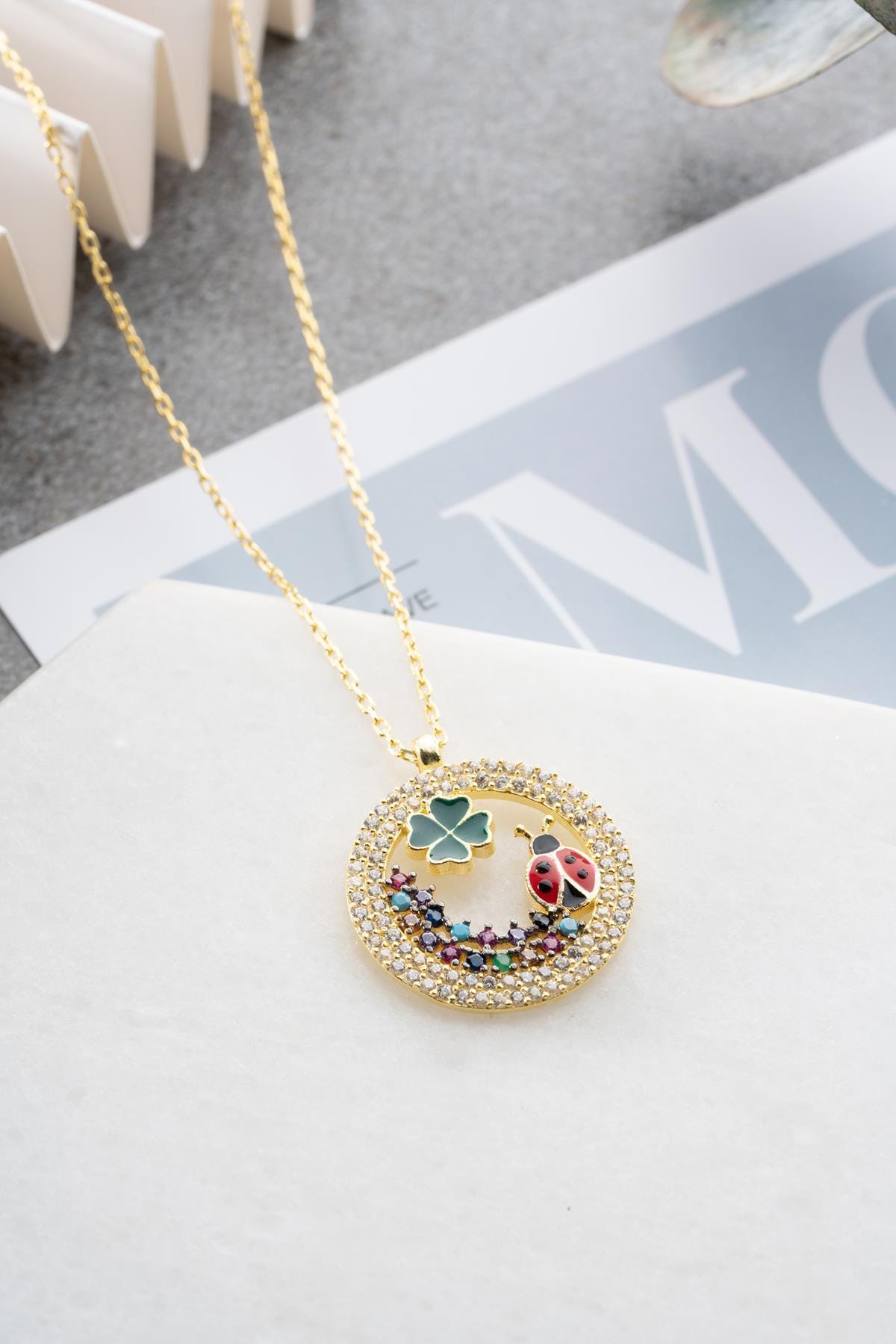 Four Leaf Clover Necklace Silver 925 | Lucky Charm Jewelry | Gold Plated Ladybug Pendant