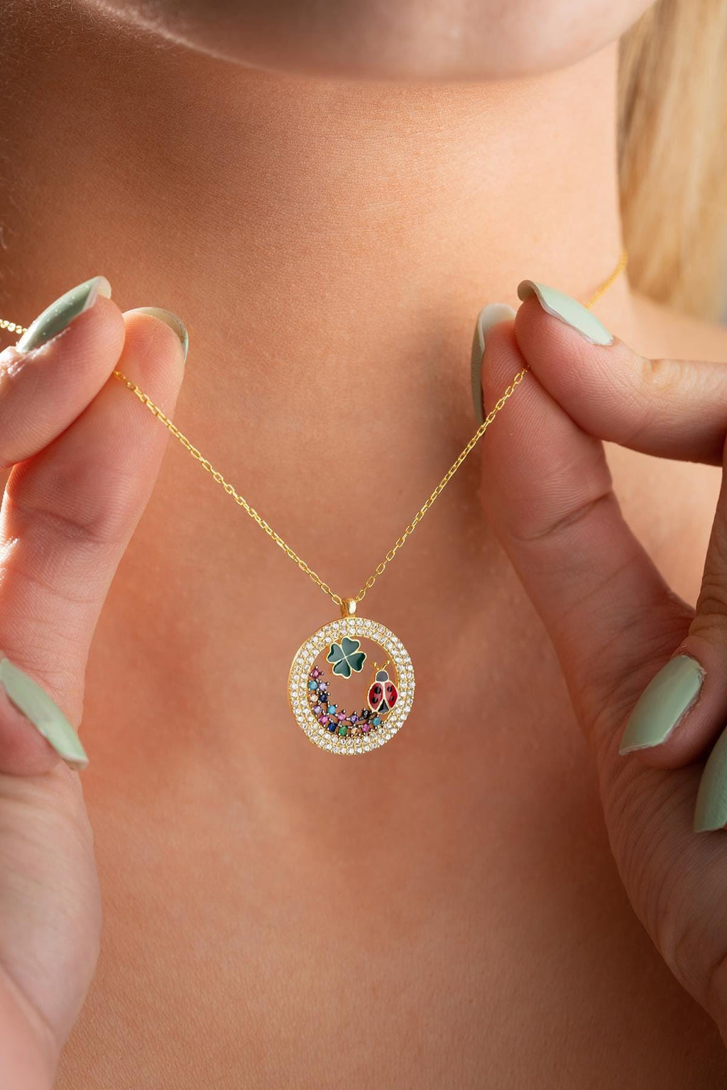 Four Leaf Clover Necklace Silver 925 | Lucky Charm Jewelry | Gold Plated Ladybug Pendant