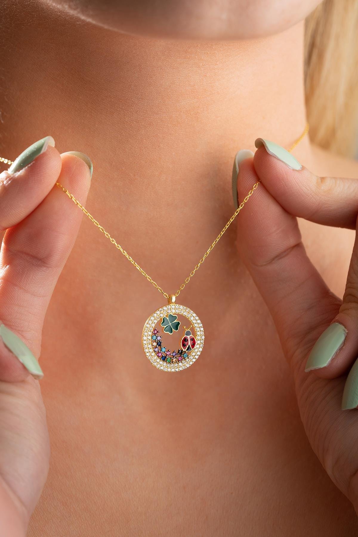 Four Leaf Clover Necklace Silver 925 | Lucky Charm Jewelry | Gold Plated Ladybug Pendant
