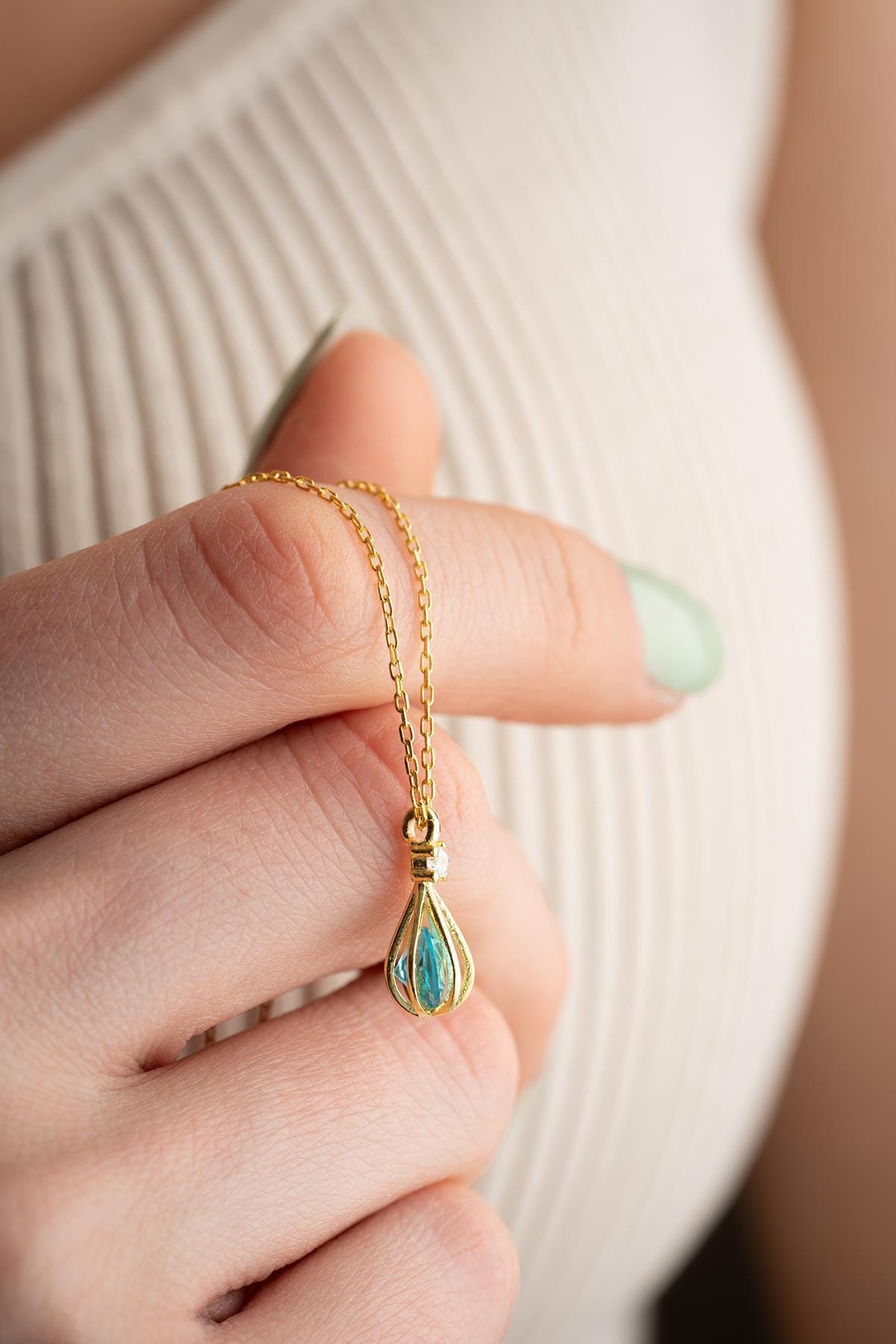 Aquamarine Balloon Necklace Silver 925 | Dainty Blue Zircon Jewelry | Gold Plated Pendant | Gift