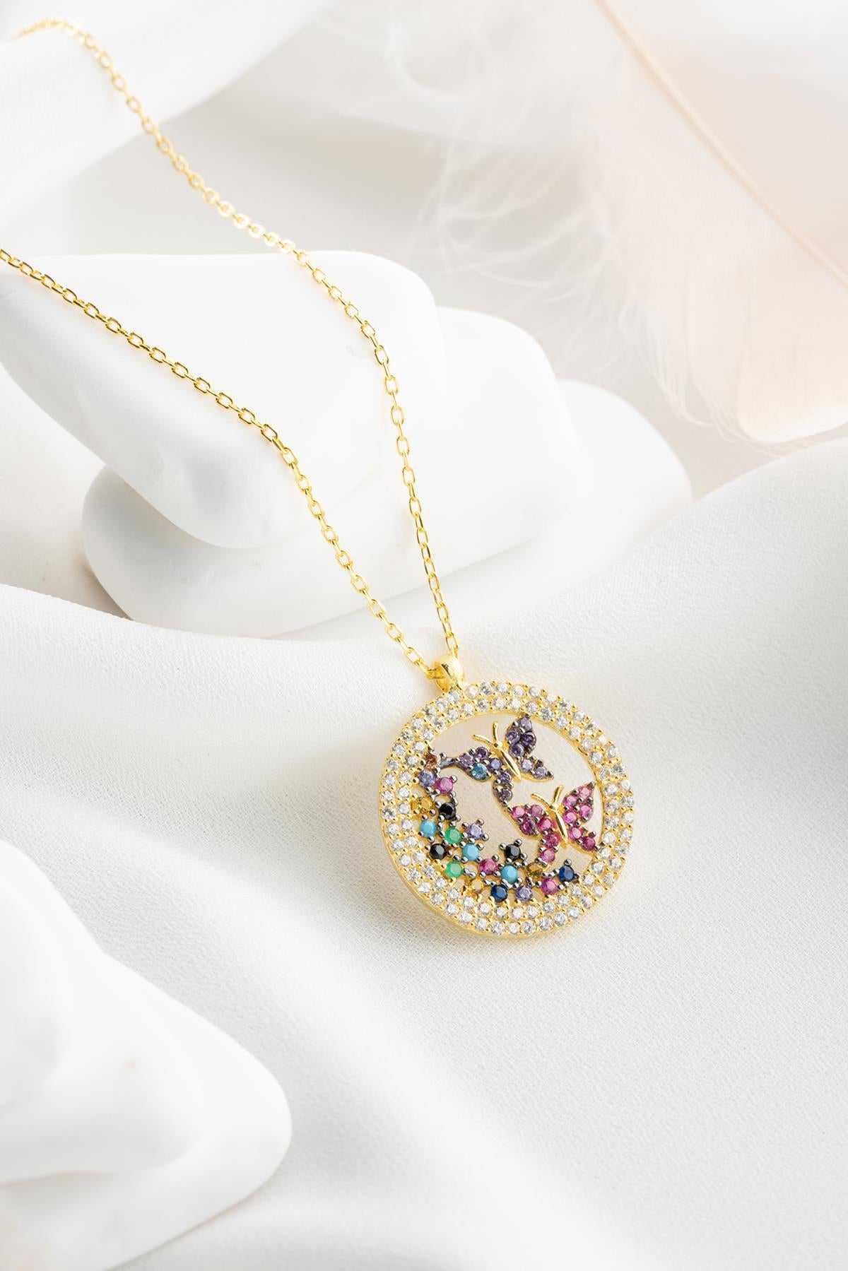Butterfly Necklace Silver 925 | Colorful Zircon Circle Pendant | Dainty Gold Jewelry | Gift