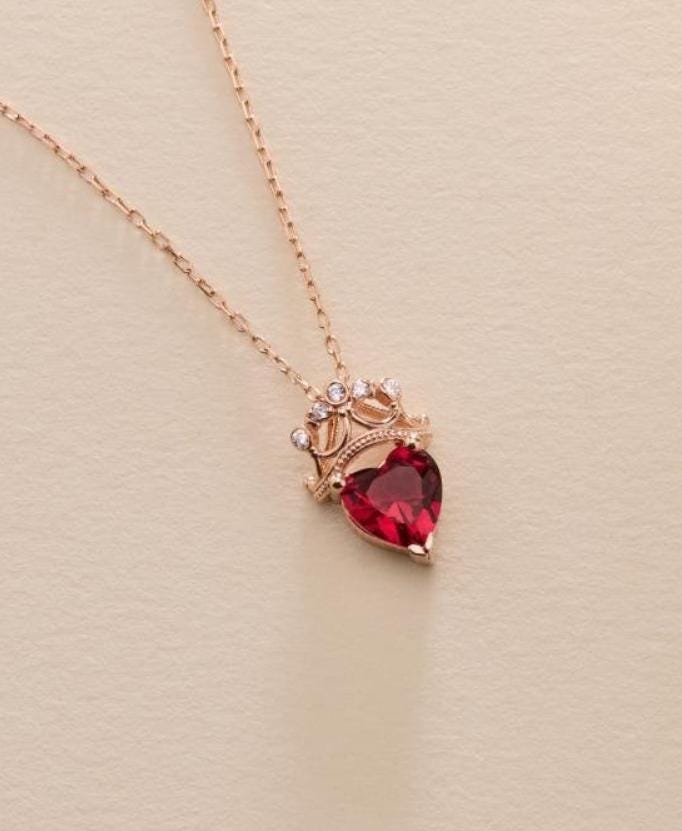 Heart Crown Necklace Silver 925 | Rose Gold Red Zircon Pendant | Dainty Queen Jewelry | Gift