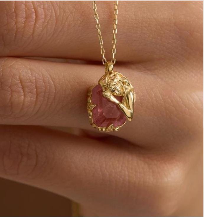 Sterling Silver Fairy Necklace | Pink Zircon Angel Pendant | Gold Plated Jewelry