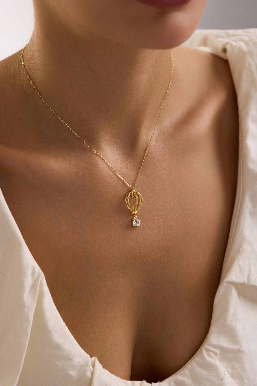 Sterling Silver Balloon Necklace | Square Zircon Pendant | Gold Minimal Jewelry