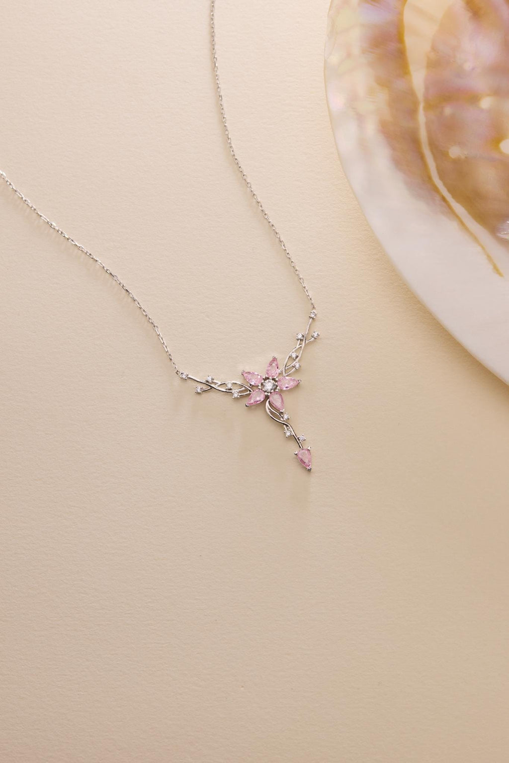 Sterling Silver Ivy Necklace | Pink Zircon Floral Pendant Jewelry for Women