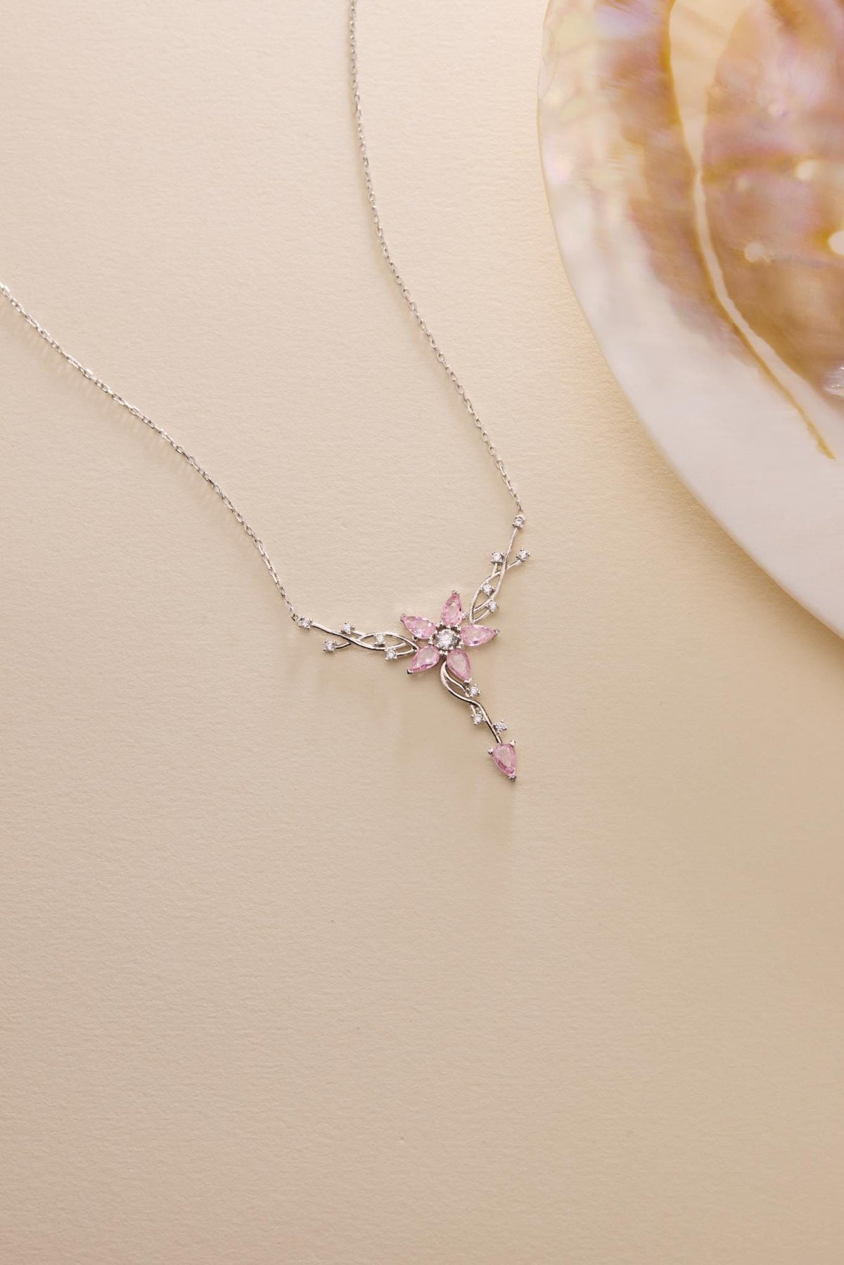 Sterling Silver Ivy Necklace | Pink Zircon Floral Pendant Jewelry for Women