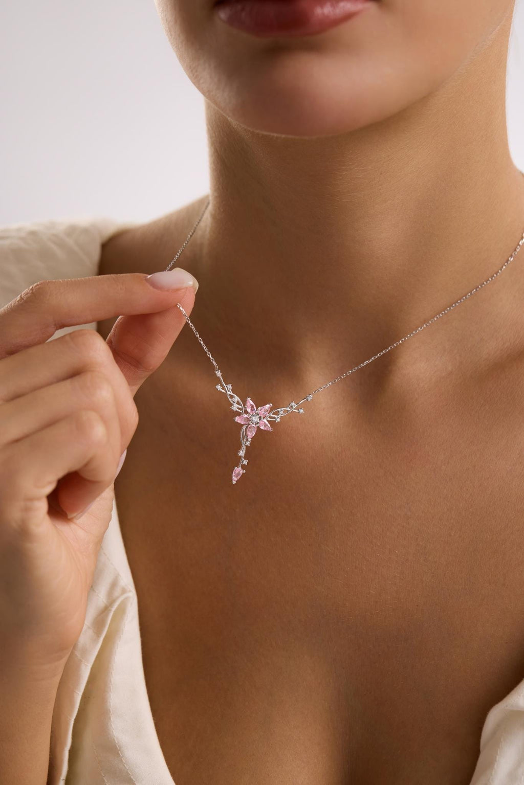 Sterling Silver Ivy Necklace | Pink Zircon Floral Pendant Jewelry for Women
