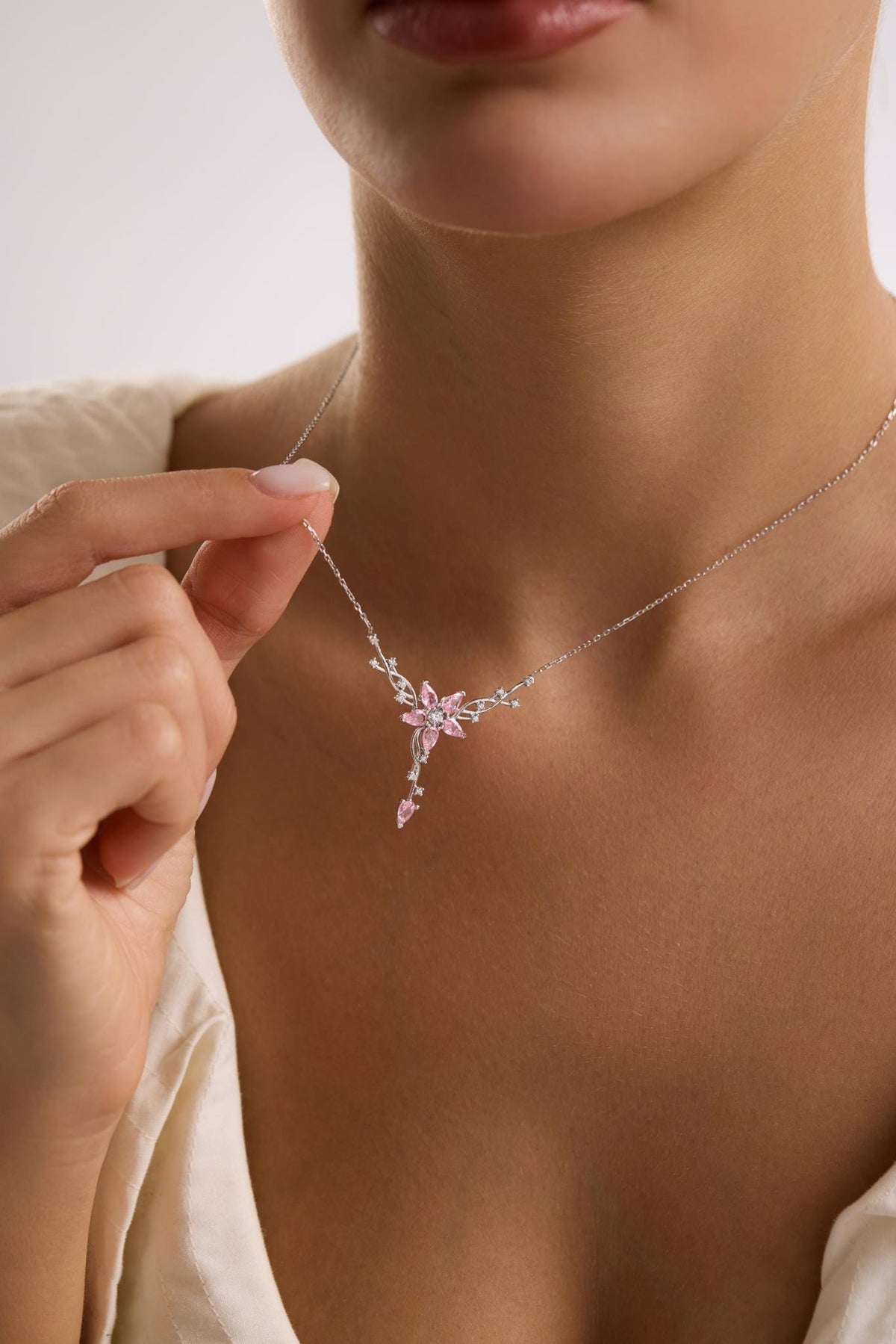 Sterling Silver Ivy Necklace | Pink Zircon Floral Pendant Jewelry for Women