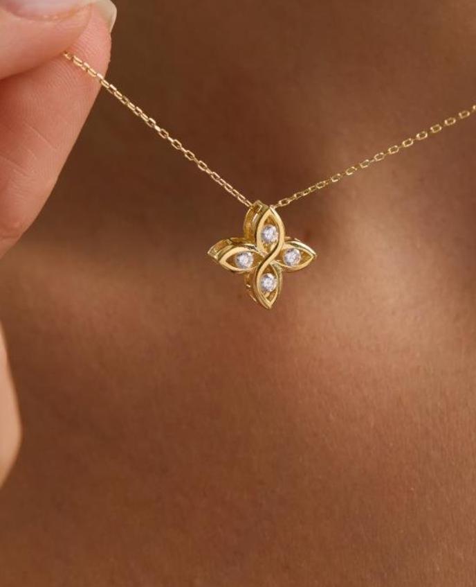 Gold Flower Necklace | Sterling Silver Four Leaf CZ Pendant Jewelry
