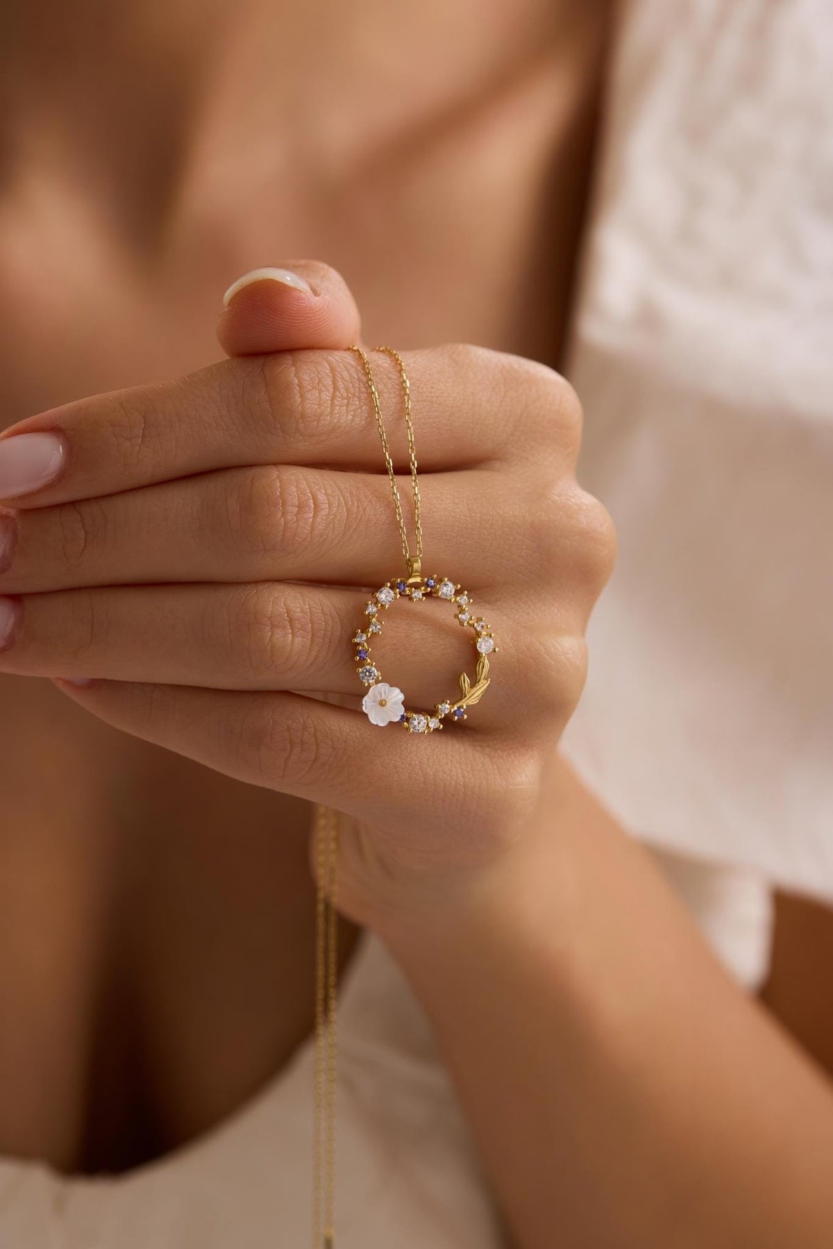 Gold plated  Magnolia Necklace | Sterling Silver Circle Pendant | Zircon Jewelry