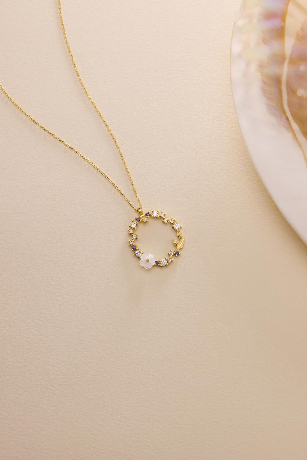 Gold plated  Magnolia Necklace | Sterling Silver Circle Pendant | Zircon Jewelry