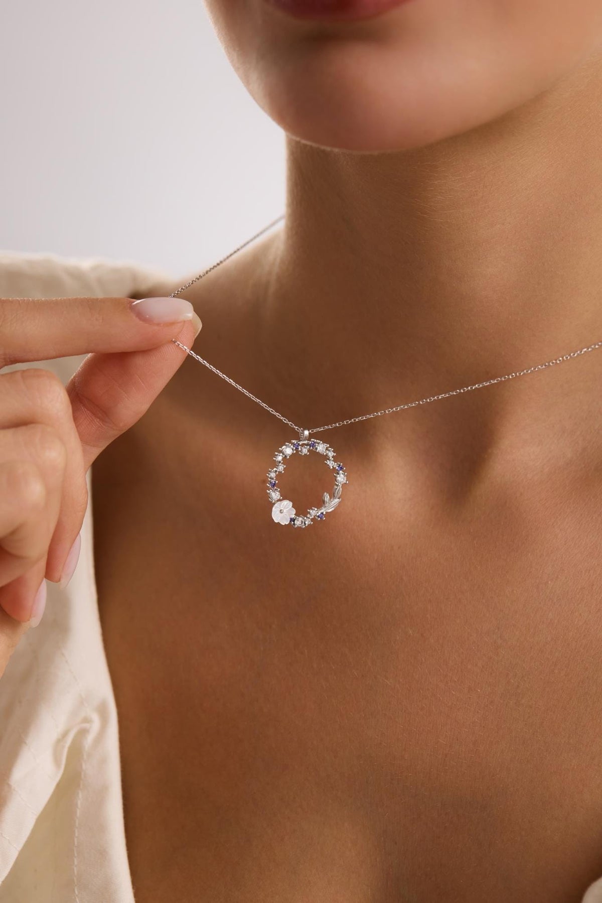 Rhodium Magnolia Necklace | Sterling Silver Circle Pendant | Zircon Jewelry