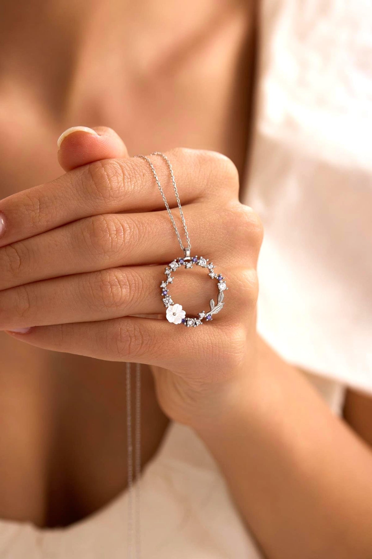 Rhodium Magnolia Necklace | Sterling Silver Circle Pendant | Zircon Jewelry