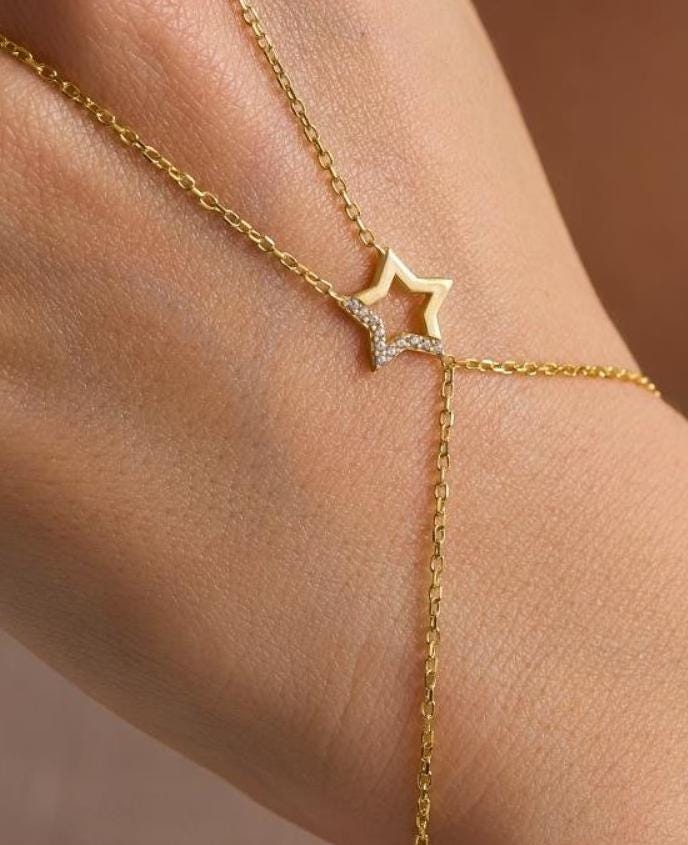 Gold Plated Sterling Silver Star Hand Chain Bracelet, Zircon Shahmaran