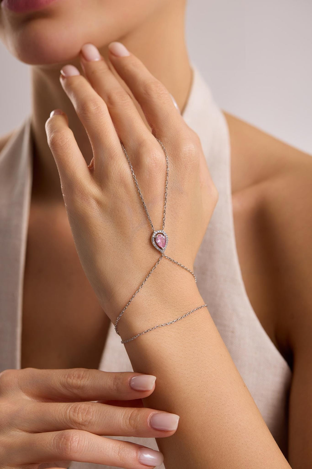 925 Sterling Silver Rhodium Plated Pink Teardrop Zircon Hand Chain Bracelet (NRZ1000824)