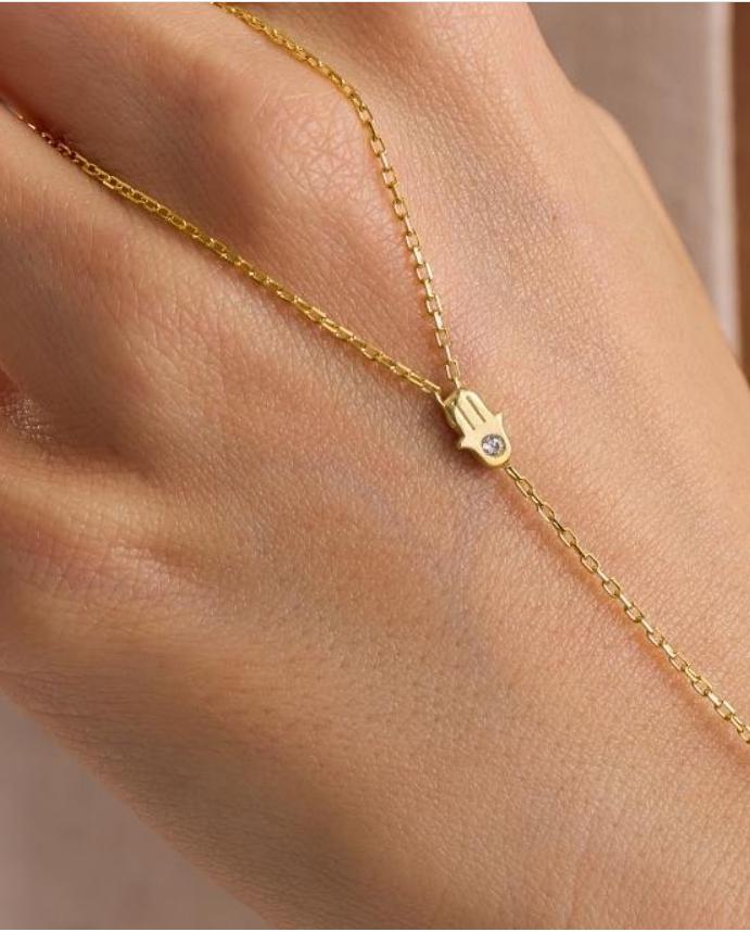925 Sterling Silver Gold Plated Hamsa Hand Chain Bracelet with Zircon Stone (NRZ1000820)