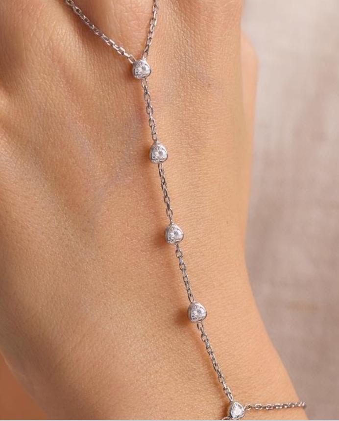 925 Sterling Silver Rhodium Plated White Zircon Heart Hand Chain Bracelet