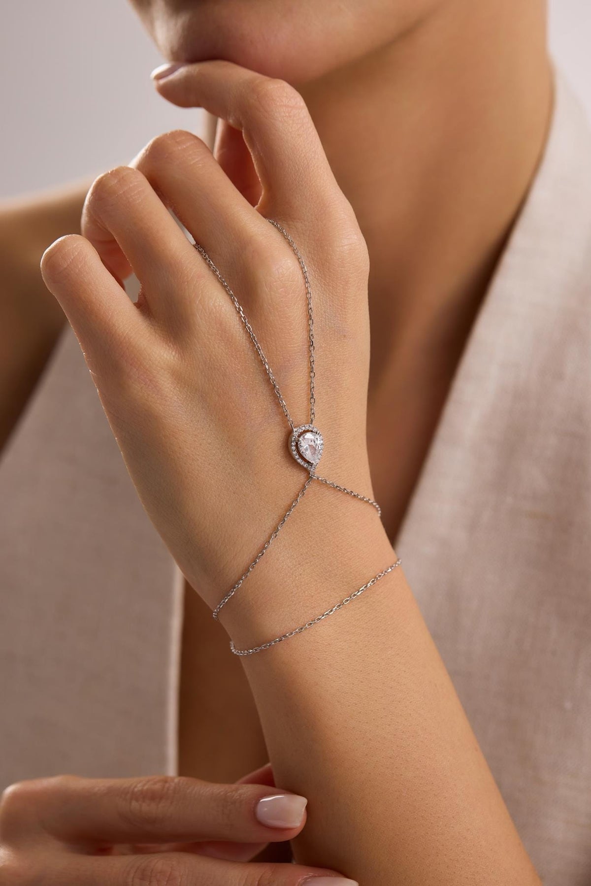 925 Sterling Silver Rhodium Plated White Drop Zircon Hand Chain Bracelet, Minimal Slave Bracelet, Elegant Gift for Her