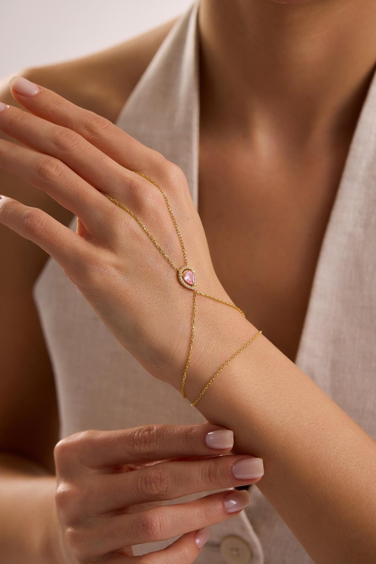 Gold Plated Sterling Silver Hand Chain Bracelet, Pink Teardrop Zircon