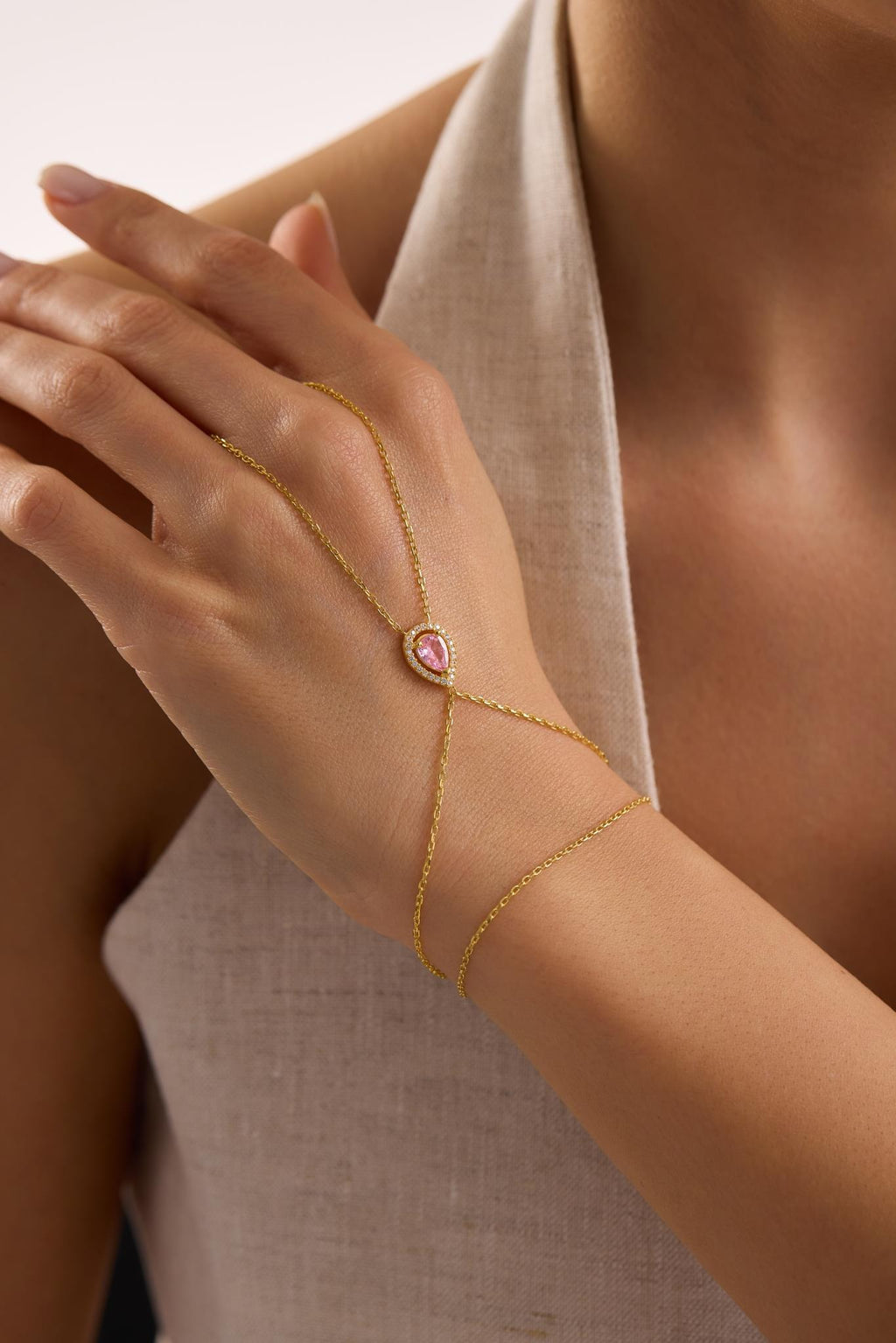 Gold Plated Sterling Silver Hand Chain Bracelet, Pink Teardrop Zircon
