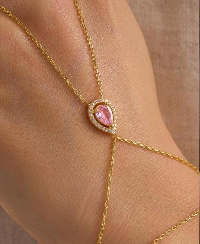 Gold Plated Sterling Silver Hand Chain Bracelet, Pink Teardrop Zircon