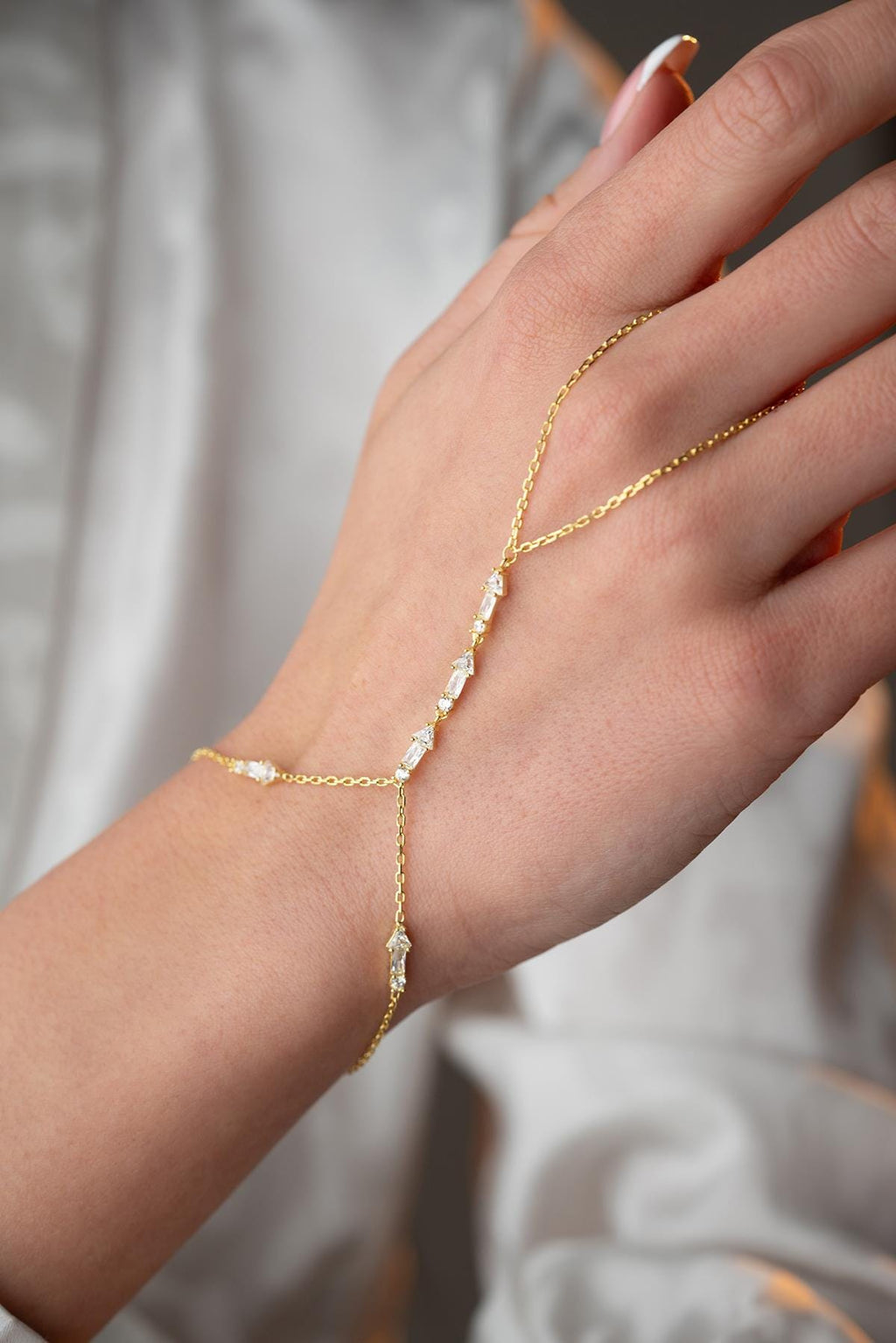 Gold Plated Sterling Silver Arrow Hand Chain Bracelet, Zircon Jewelry