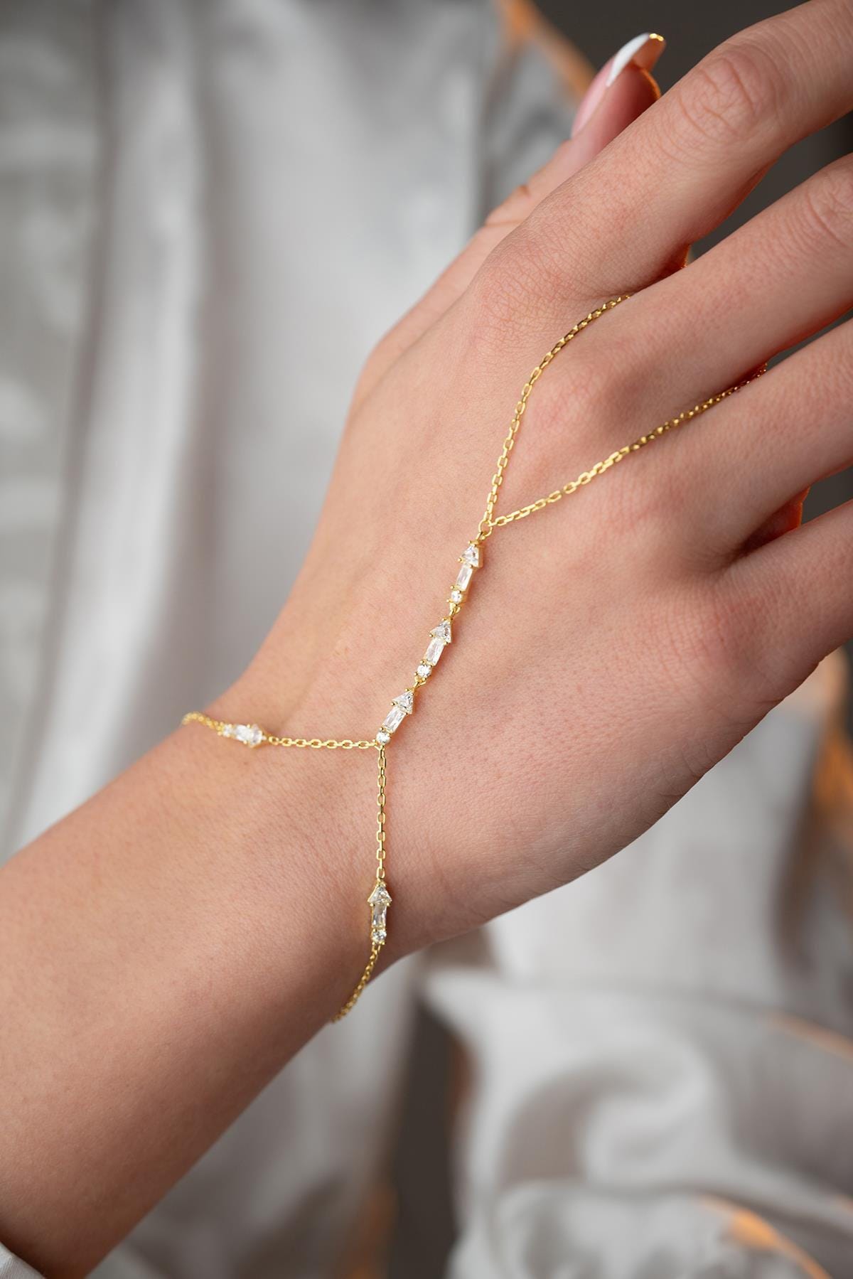 Gold Plated Sterling Silver Arrow Hand Chain Bracelet, Zircon Jewelry