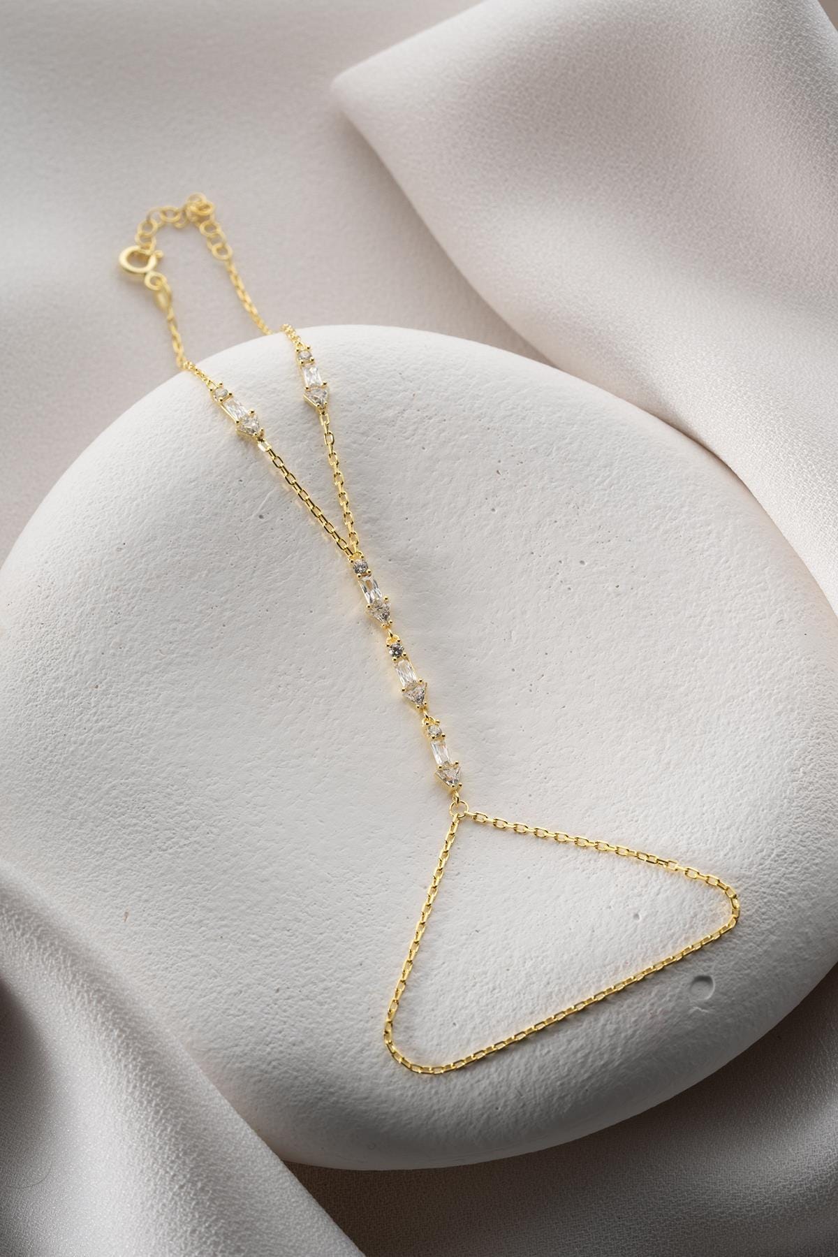 Gold Plated Sterling Silver Arrow Hand Chain Bracelet, Zircon Jewelry