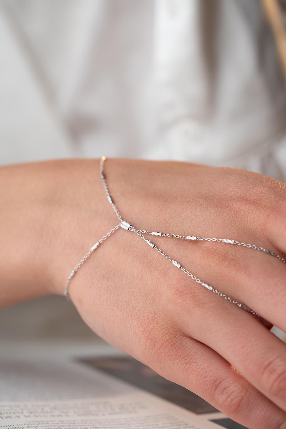 Sterling Silver Shâhmeran Hand Chain Bracelet, Minimalist Cylinder Design