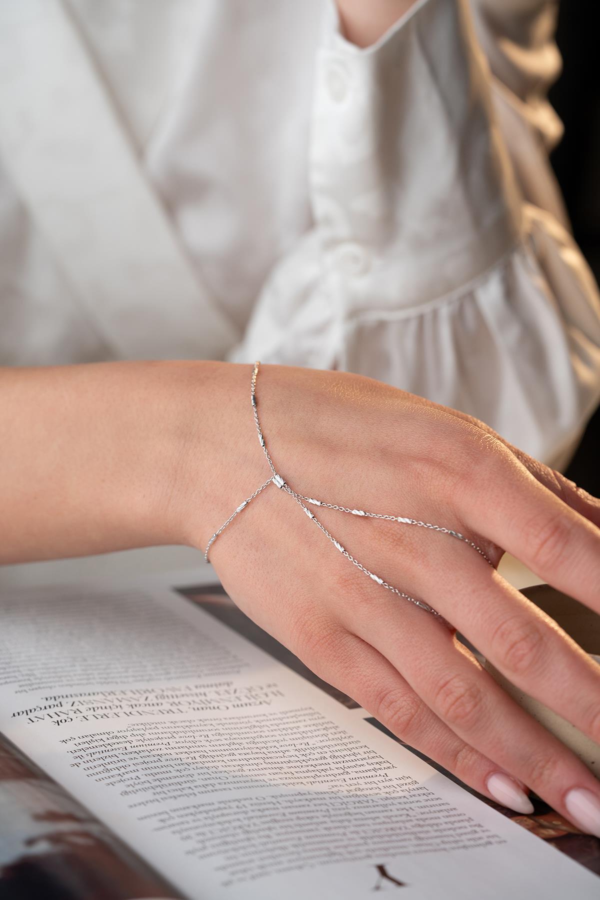Sterling Silver Shâhmeran Hand Chain Bracelet, Minimalist Cylinder Design