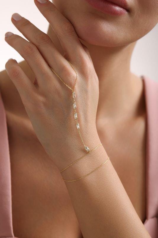 Gold Plated Sterling Silver Shahmaran Hand Bracelet | Baguette Zircon