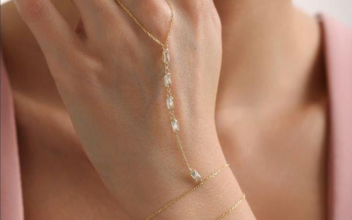 Gold Plated Sterling Silver Shahmaran Hand Bracelet | Baguette Zircon