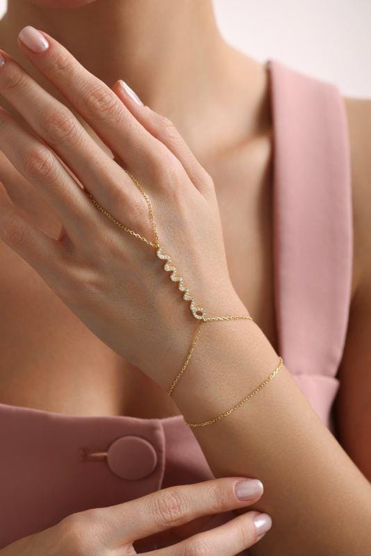 Gold Plated Sterling Silver Snake Hand Chain Bracelet, Zircon Serpent Şahmeran