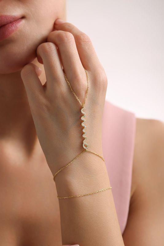 Gold Plated Sterling Silver Snake Hand Chain Bracelet, Zircon Serpent Şahmeran