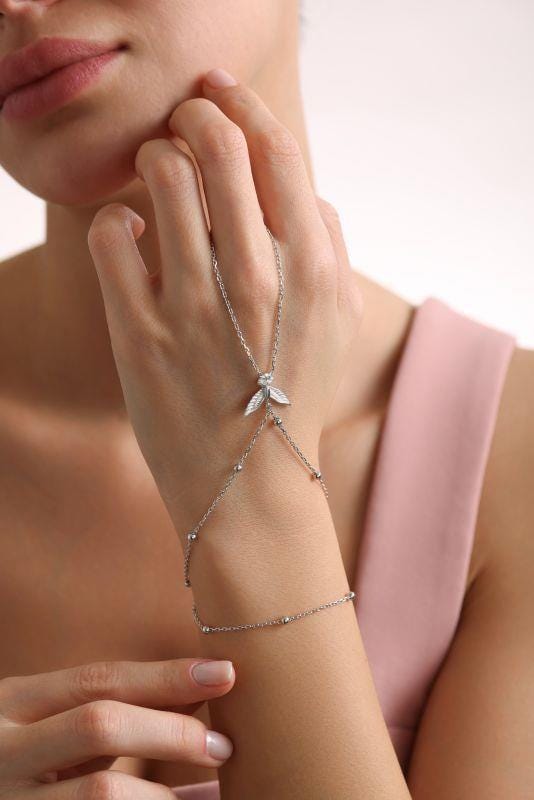 925 Sterling Silver Rhodium Plated Phoenix Hand Chain Bracelet with Zircon Stones, Mythical Bird Slave Bracelet, Elegant Hand Jewelry