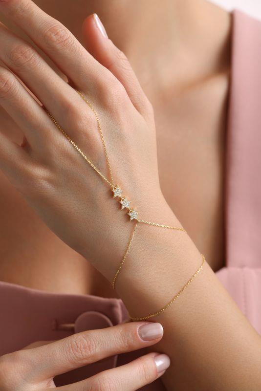Gold Plated Sterling Silver Star Hand Chain Bracelet, Zircon Celestial Jewelry