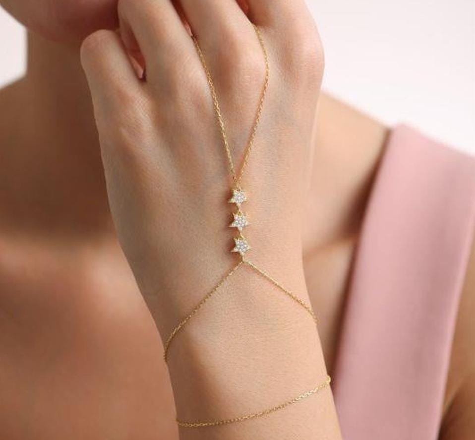 Gold Plated Sterling Silver Star Hand Chain Bracelet, Zircon Celestial Jewelry