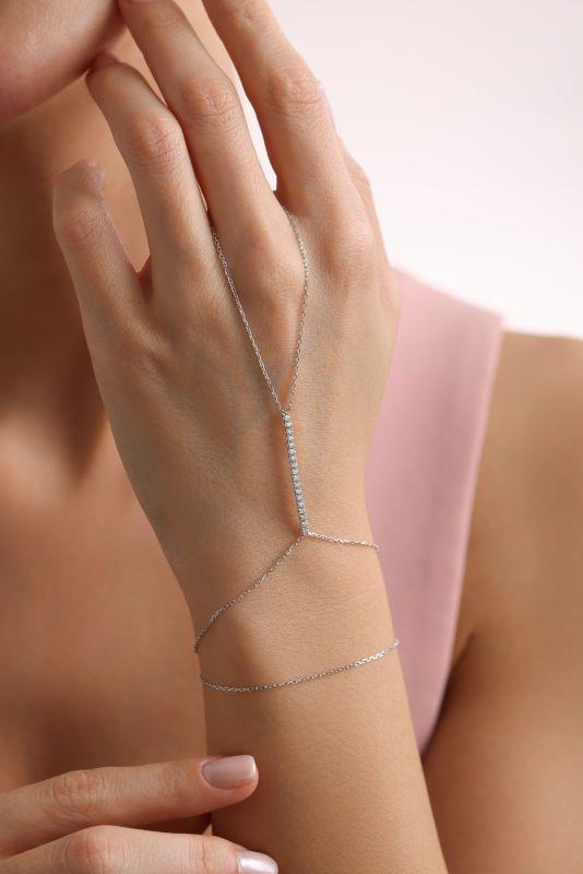Sterling Silver Zircon Bar Hand Chain Bracelet, Minimalist Sahmeran