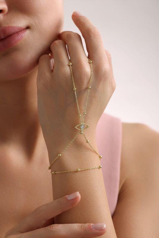 Gold Plated Sterling Silver Evil Eye Hand Chain Bracelet, CZ Shahmaran Jewelry