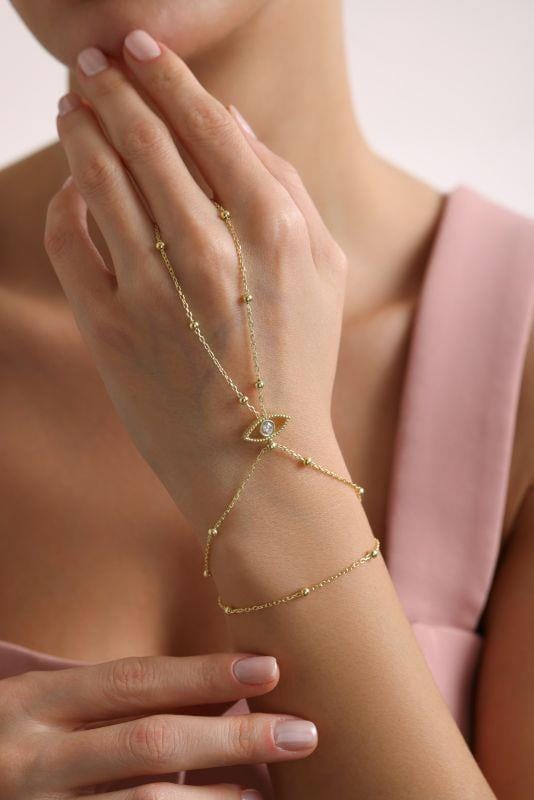 Gold Plated Sterling Silver Evil Eye Hand Chain Bracelet, CZ Shahmaran Jewelry