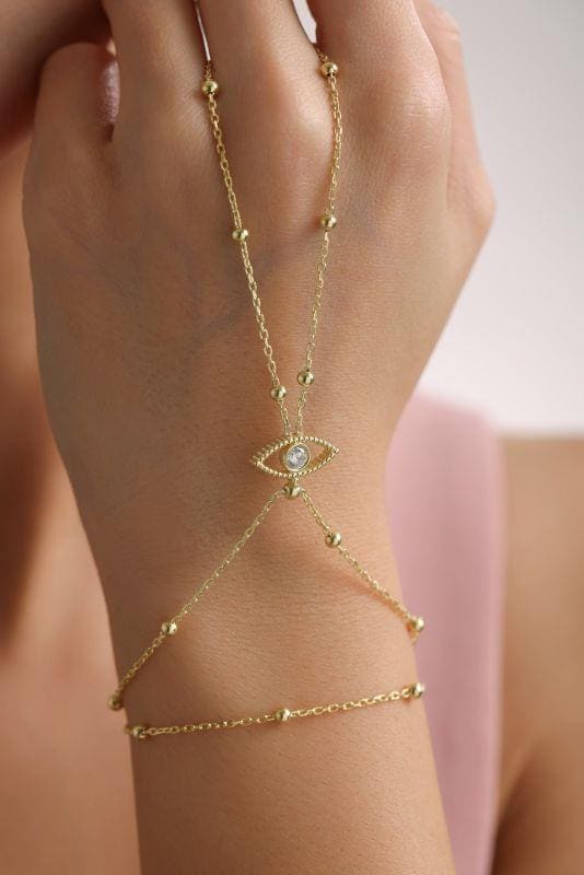 Gold Plated Sterling Silver Evil Eye Hand Chain Bracelet, CZ Shahmaran Jewelry