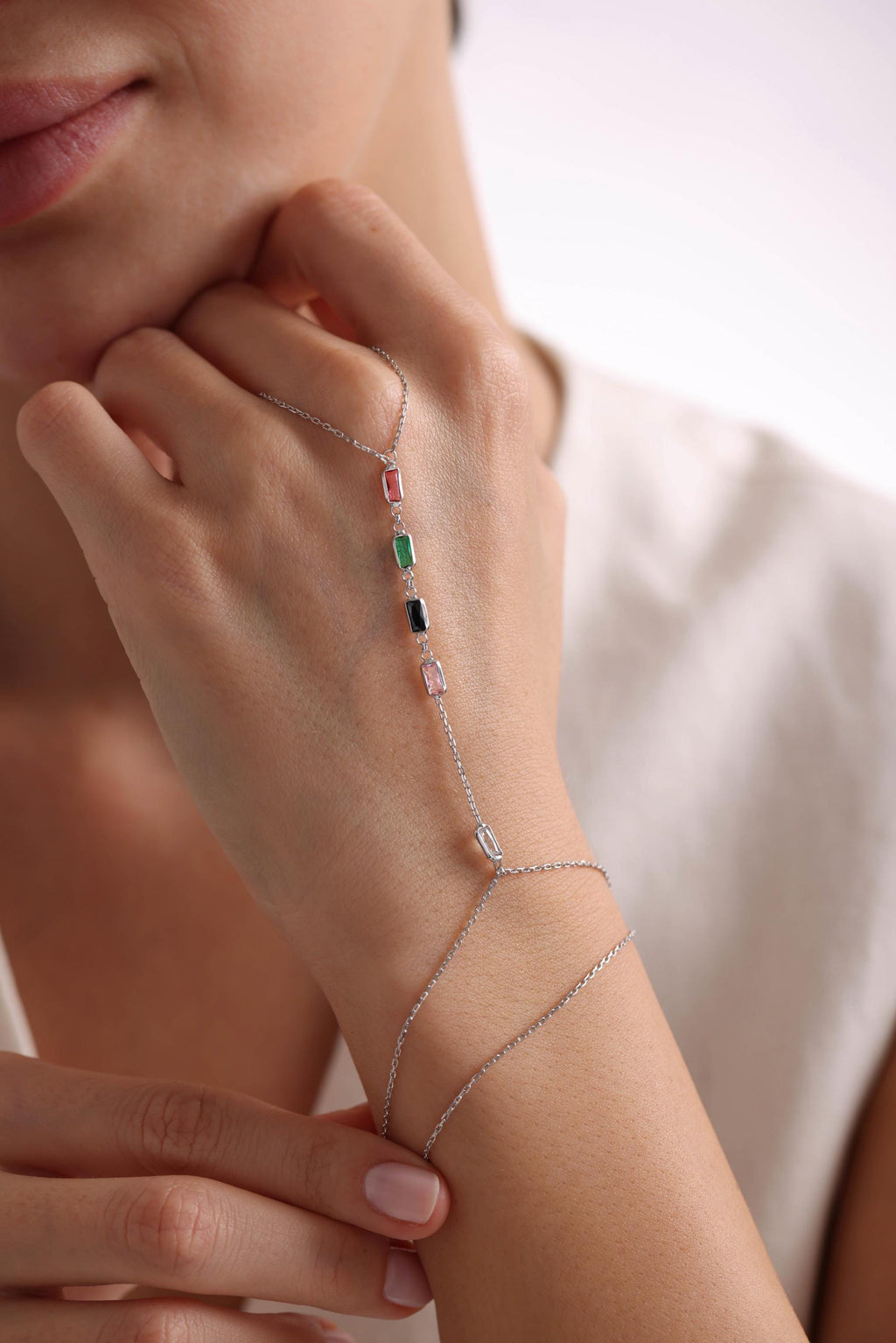 925 Sterling Silver Rhodium Plated Colorful Baguette Zircon Shahmaran Bracelet (NRZ1000050)